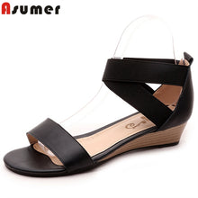 Load image into Gallery viewer, ASUMER Plus size 34-42 New 2019 genuine leather women sandals wedges low heel summer casual shoes black ladies fashion shoes