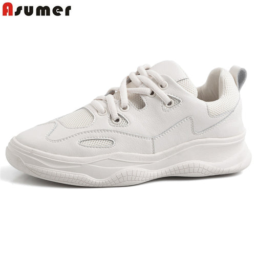 ASUMER 2019 Genuine Leather Flat Shoes Lace up Women Sneakers Round Toe Four Season Platform Shoes Casual Female Flats Size 42