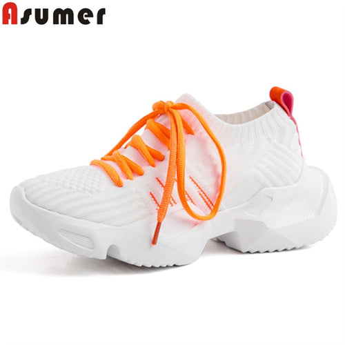 ASUMER 2019 shoes women lace up Knitting wool casual flats women Pigskin inside Hot sale Dad Shoes Sneakers Flat Platform Shoes