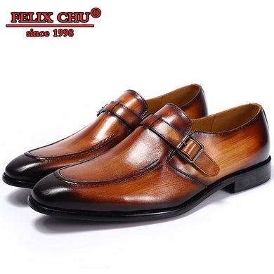 FELIX CHU - ELEGANT MEN CASUAL SHOES GENUINE COW LEATHER OFFICE BUSINESS BROWN BUCKLE STRAP FORMAL LOAFERS DRESS CASUAL SHOE MEN
