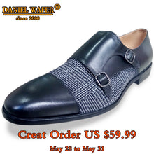 Load image into Gallery viewer, NEW FASHION LUXURY MEN CASUAL SHOES MONK STRAP HASP SLIP ON MEN LOAFERS SHOES GENUINE LEATHER MEN SHOES CHECKED DRESS SHOES MEN