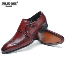 Load image into Gallery viewer, FELIXCHU HANDMADE OFFICE BUSINESS WEDDING SHOES MEN DRESS LOAFERS WINE RED LUXURY DOUBLE BUCKLE FORMAL GENUINE LEATHER MEN SHOES