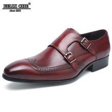 Load image into Gallery viewer, FELIXCHU HANDMADE OFFICE BUSINESS WEDDING SHOES MEN DRESS LOAFERS WINE RED LUXURY DOUBLE BUCKLE FORMAL GENUINE LEATHER MEN SHOES