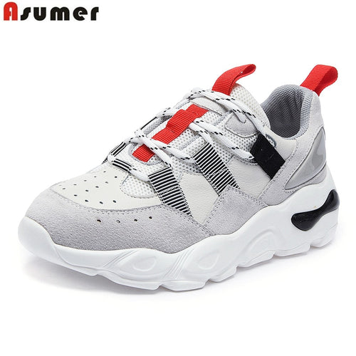 ASUMER 2019 New cow suede leather women sneakers lace up mixed color ladies casual shoes breathable fashion platform shoes