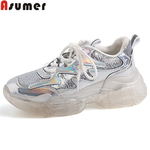 ASUMER fashion shoes woman flats lace up bling+cow leather shoes women casual Hot sale Dad Shoes Sneakers Flat Platform Shoes