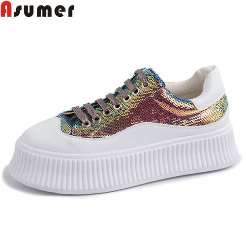 ASUMER 2019 new shoes woman lace up bling+cow leather shoes female casual flats women comfortable flat platform sneakers women